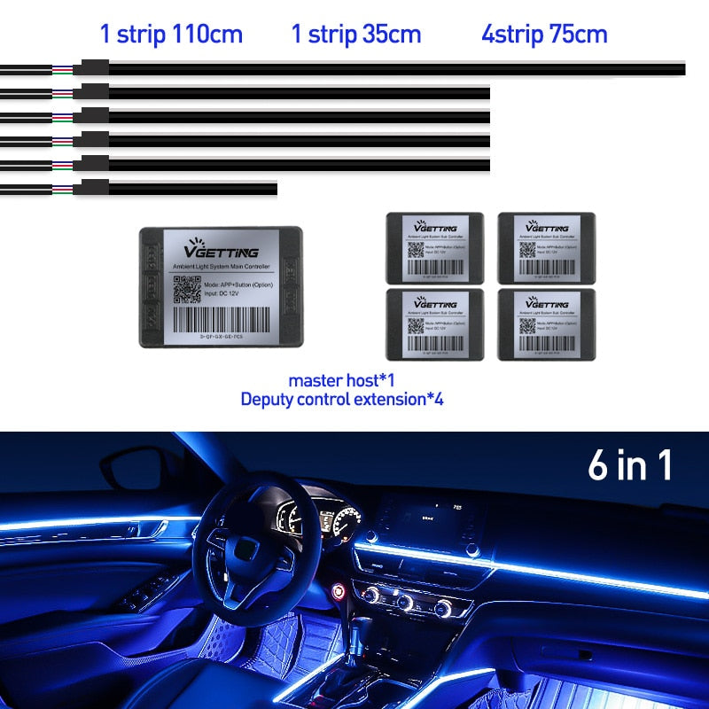 Full Color Streamer Car Ambient Lights RGB 64 Color Universal LED Interior Hidden Acrylic Strip Symphony Atmosphere Lamp