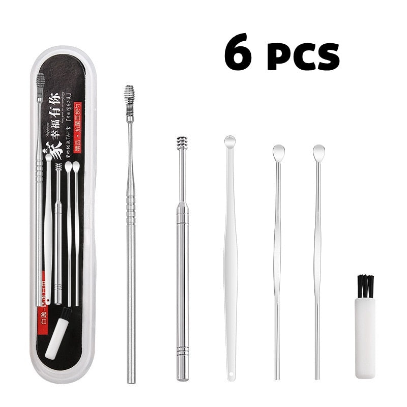 6 Pcs Stainless Steel Earpick Set Ear Vax Remover Double Headed Spiral Cleaning Tools Curette Spoon Care