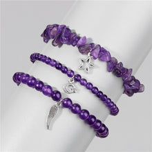 Load image into Gallery viewer, 3Pcs/set Natural Amethysts Stone Beads Bracelet Star Moon Feather Pendant Bracelets
