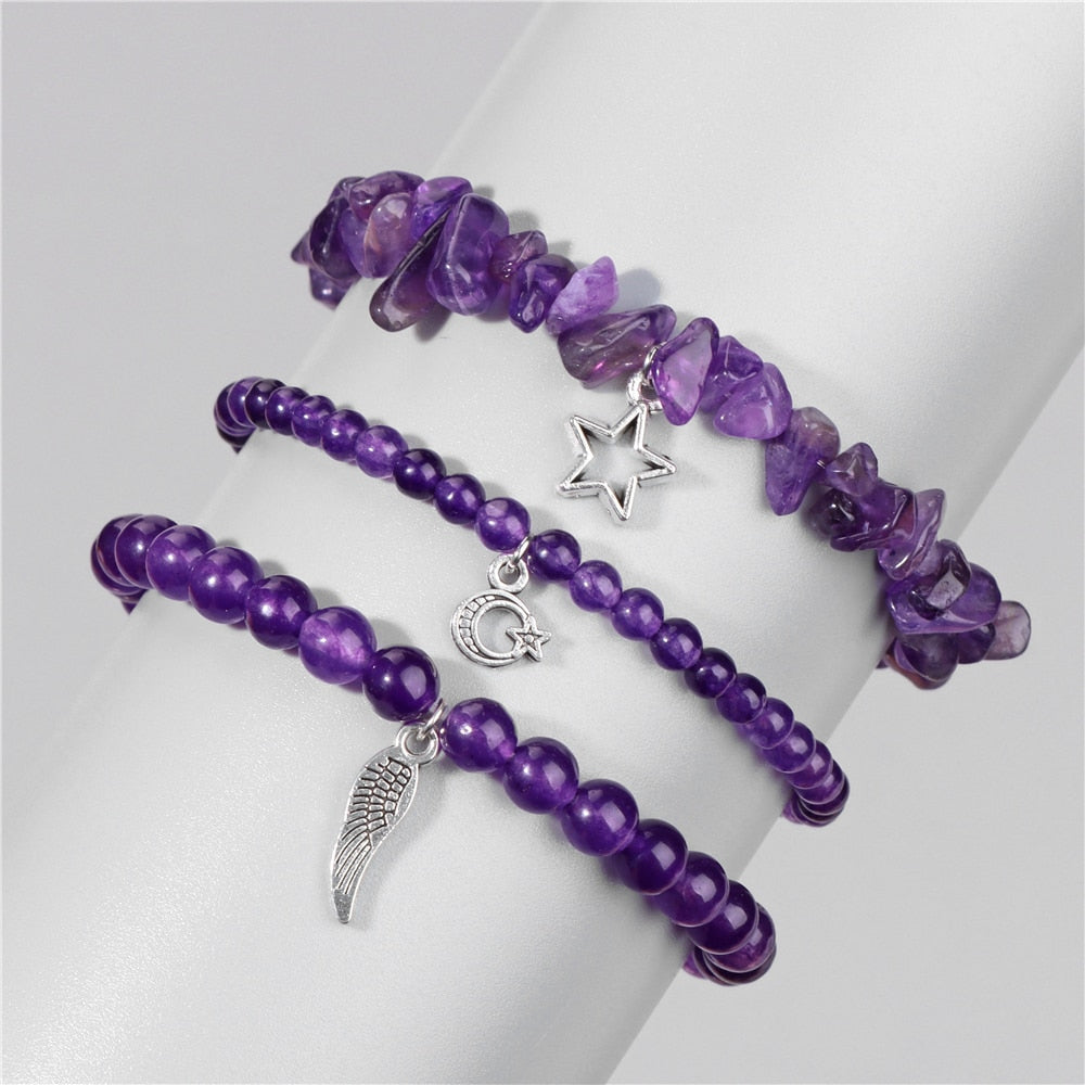 3Pcs/set Natural Amethysts Stone Beads Bracelet Star Moon Feather Pendant Bracelets