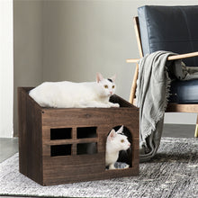 Load image into Gallery viewer, Durable Wooden Cat Cave Bed Furniture Kitten Sleep Lounge House Bed with Cushion Pad Litter Box for Indoor Cats
