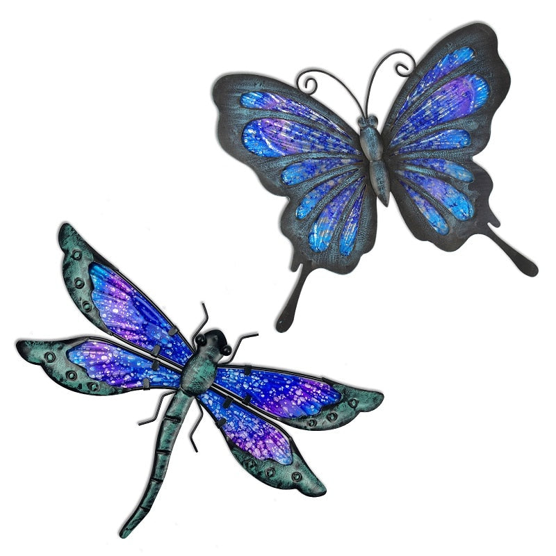 HONGLAND Metal Butterfly Dragonfly 2 Pieces Garden Decoration Sculpture Statue for Wall Art Ornaments of  Patio Yard Garden