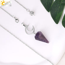 Load image into Gallery viewer, CSJA Crystals Moon Pendant Pendulum for Divination Dowsing Natural Stone Dowsing Reiki Pink Quartz Pendulos Healing Jewelry S965
