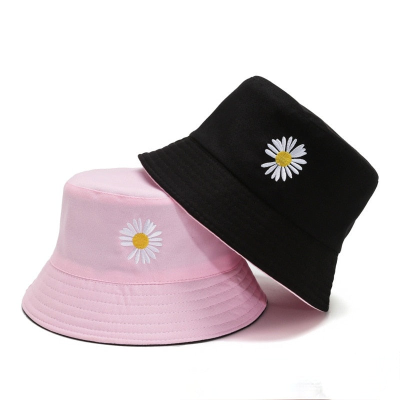 Summer Double-Sided Daisy Bucket Hats Women's Embroidery Hip Hop Panama Bob Caps Folded Beach Sun Fisherman Hat for Ladies Mens