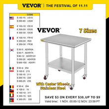 Load image into Gallery viewer, VEVOR Stainless Steel Kitchen Worktable shelves Commercial Work Bench Table with Caster Wheels for Home Restaurant Storage
