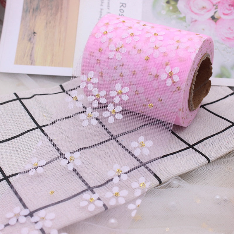 6cm 5Yards Floret Tulle Daisy Ribbon Roll DIY Handmade Craft Hair Ornament Baking Cherry Blossoms Printed Mesh Fabric Supplies