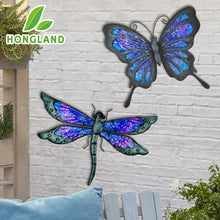 Load image into Gallery viewer, HONGLAND Metal Butterfly Dragonfly 2 Pieces Garden Decoration Sculpture Statue for Wall Art Ornaments of  Patio Yard Garden
