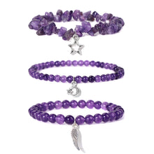 Load image into Gallery viewer, 3Pcs/set Natural Amethysts Stone Beads Bracelet Star Moon Feather Pendant Bracelets
