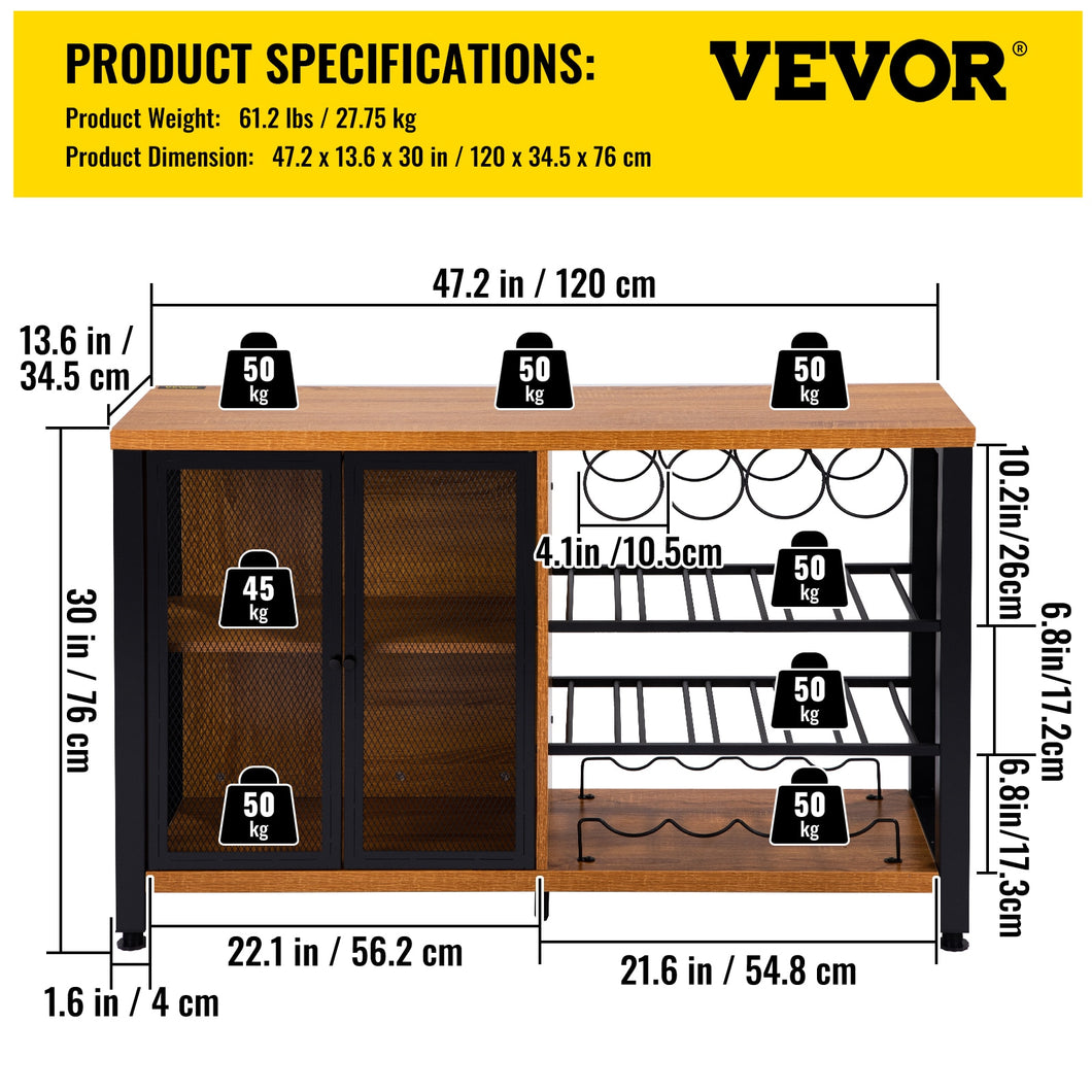 VEVOR Industrial Bar Cabinet Wine Bar Cabinet Table with Wine Rack & Glass Holder for Dining Living Room 47/55 Inch Rustic Oak