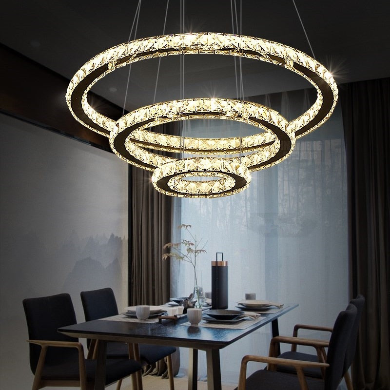 Modern Crystal Led Pendant 3 Rings Crystal Lighting Fixture For Kitchen Dinning Room