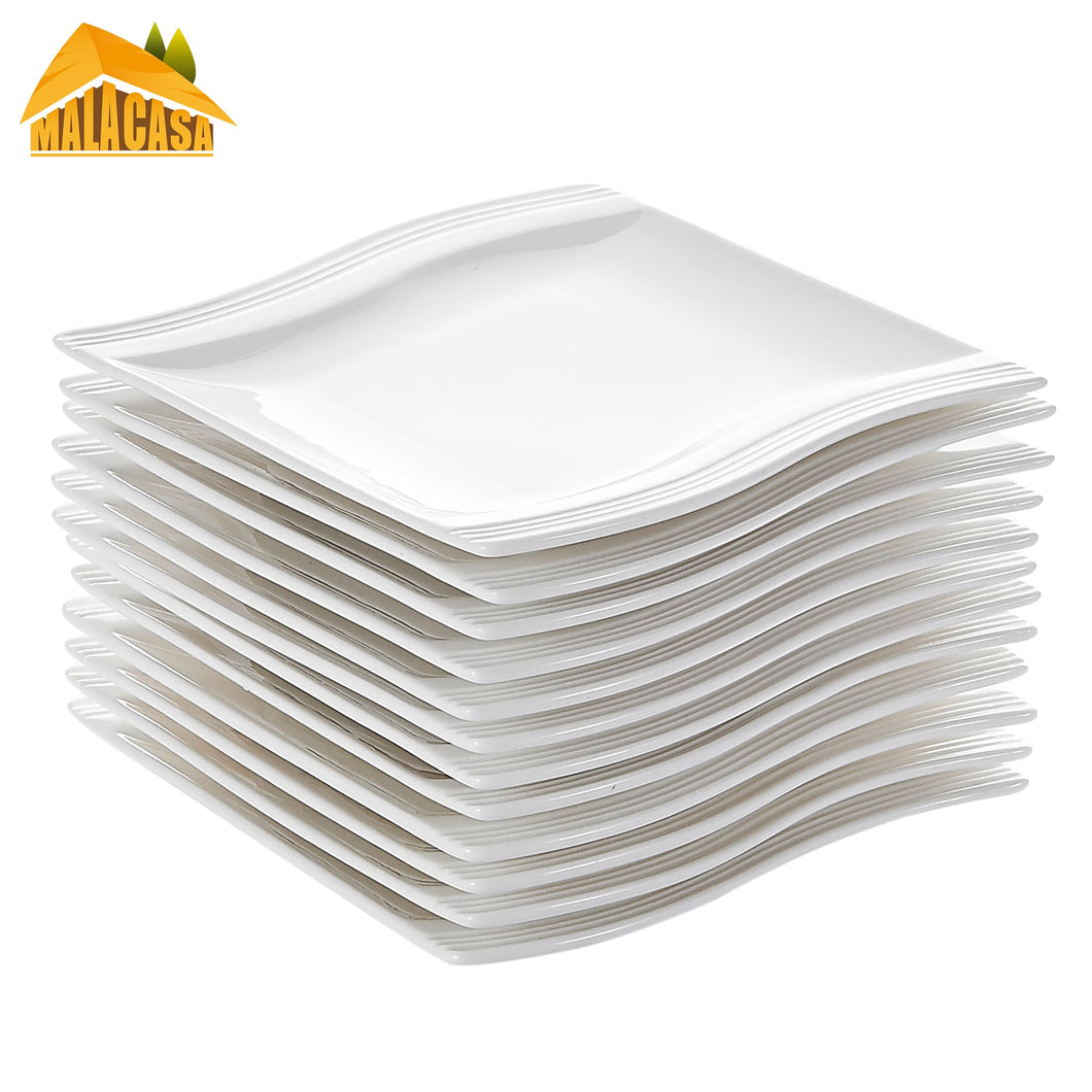 MALACASA Flora 12-Piece Ceramic White Porcelain Rectangle Dinner Plate Dessert Plate Dishes Dinnerware (14 * 14.5 * 2cm)