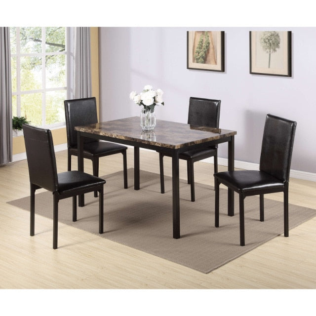 5 Piece Marble Dining Table Set for Small Spaces Kitchen 4 Faux Leather Chairs with Metal Legs