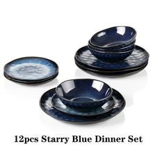 Load image into Gallery viewer, VANCASSO Starry 12/24/36-Piece Vintage Look Ceramic Blue Stoneware Tableware Set with Dinner Plate,Dessert Plate,Bowl
