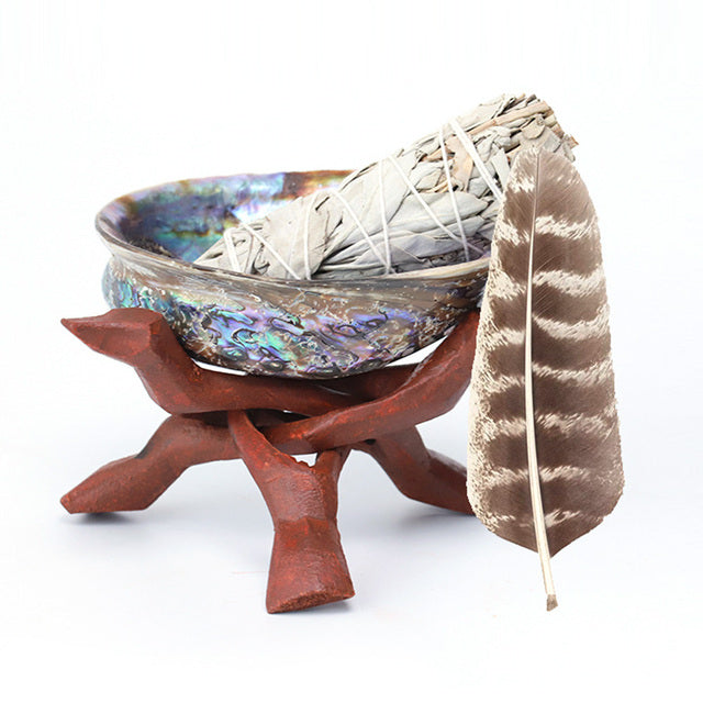 Abalone Shell Smudge Kit Wooden Tripod Stand Holder for White Sage Stick