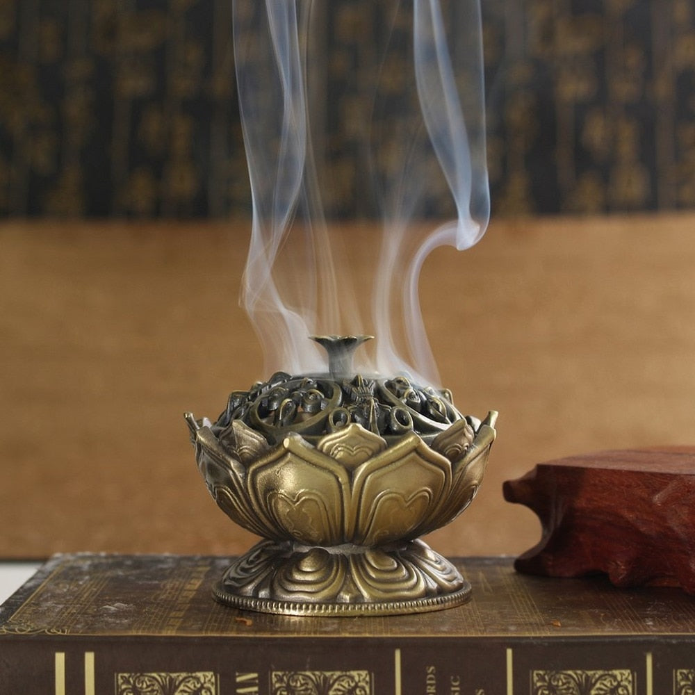 Chinese Buddha Alloy Incense Burner Lotus Flower Incense Holder Handmade